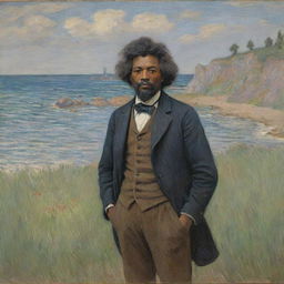 Depict a 20-year-old Frederick Douglass, standing on land and looking away into the distance in Claude Monet's impressionistic style. Freed of his sailor status, he is framed by a vibrant landscape that bristles with Monet's signature brush strokes.