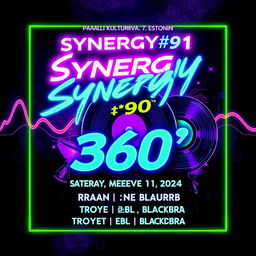 A visually striking poster for the event 'Synergy#1 360°' scheduled for Saturday, November 30th, 2024, at Paavli Kultuurivabrik, Paavli tn 7, Tallinn, Estonia