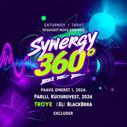 A visually striking poster for the event 'Synergy#1 360°' scheduled for Saturday, November 30th, 2024, at Paavli Kultuurivabrik, Paavli tn 7, Tallinn, Estonia