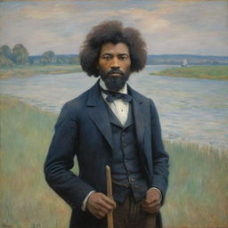 Depict a 20-year-old Frederick Douglass, standing on land and looking away into the distance in Claude Monet's impressionistic style. Freed of his sailor status, he is framed by a vibrant landscape that bristles with Monet's signature brush strokes.