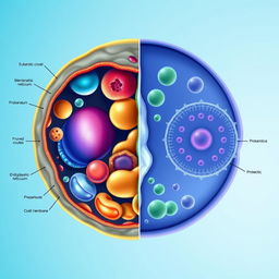 A detailed and visually engaging representation of eukaryotic and prokaryotic cells side by side