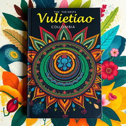 A vibrant book cover design featuring beautifully crafted painted designs of the traditional Zenú indigenous vueltiao hat from Colombia