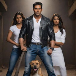 Return to the depiction of the muscular Indian man in his black leather jacket and white shirt, wielding a sledgehammer, standing next to a medium height, fair-complexioned Indian girl and their loyal Indian Pariah dog in a dark setting.