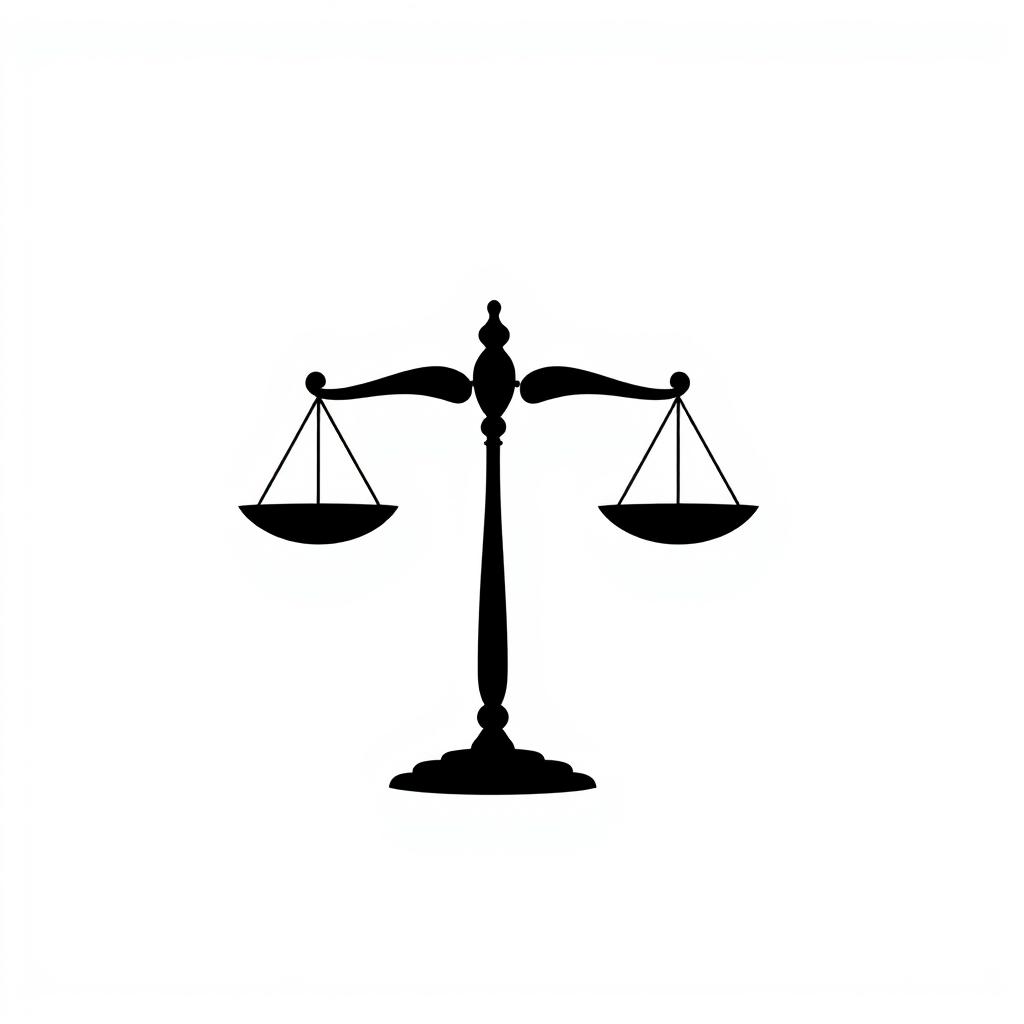 A silhouette of a balance scale symbolizing justice, designed with elegant curves and a minimalist approach