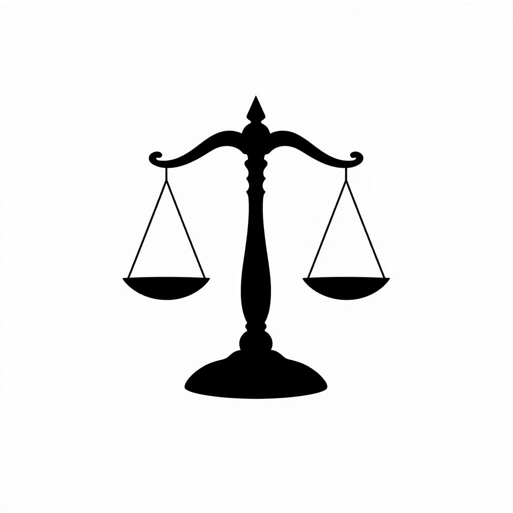 A silhouette of a balance scale symbolizing justice, designed with elegant curves and a minimalist approach