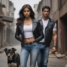 Return to the depiction of the muscular Indian man in his black leather jacket and white shirt, wielding a sledgehammer, standing next to a medium height, fair-complexioned Indian girl and their loyal Indian Pariah dog in a dark setting.