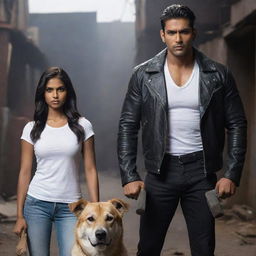 Return to the depiction of the muscular Indian man in his black leather jacket and white shirt, wielding a sledgehammer, standing next to a medium height, fair-complexioned Indian girl and their loyal Indian Pariah dog in a dark setting.