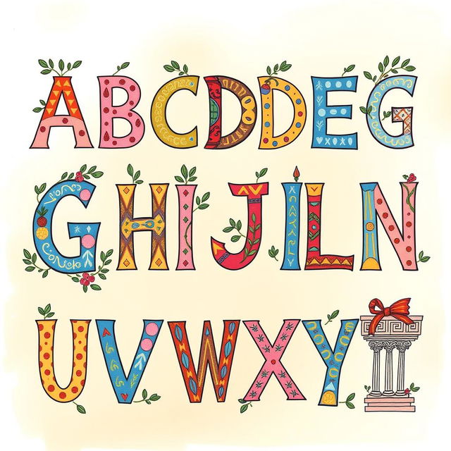 A beautifully illustrated, vibrant display of the Greek alphabet, featuring each letter in a unique and artistic style