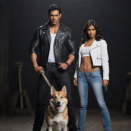 Return to the depiction of the muscular Indian man in his black leather jacket and white shirt, wielding a sledgehammer, standing next to a medium height, fair-complexioned Indian girl and their loyal Indian Pariah dog in a dark setting.