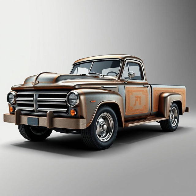 A retro pickup truck with sharp, angular lines, designed in the style of Ancient Greece