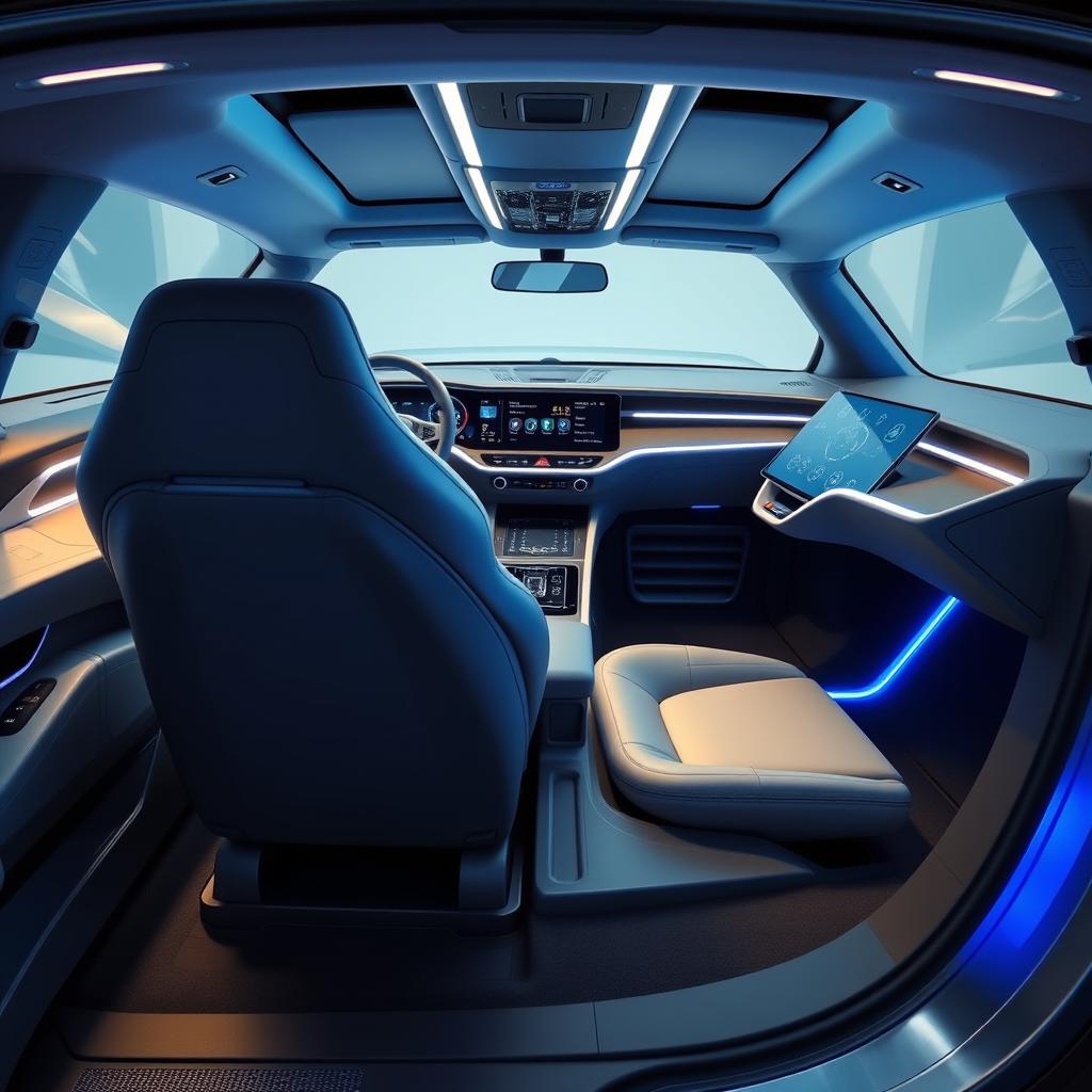 An advanced, modern-day SAAB concept car interior, featuring sleek lines and high-tech dashboard elements