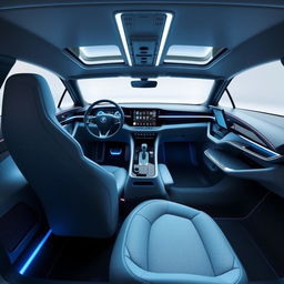 An advanced, modern-day SAAB concept car interior, featuring sleek lines and high-tech dashboard elements