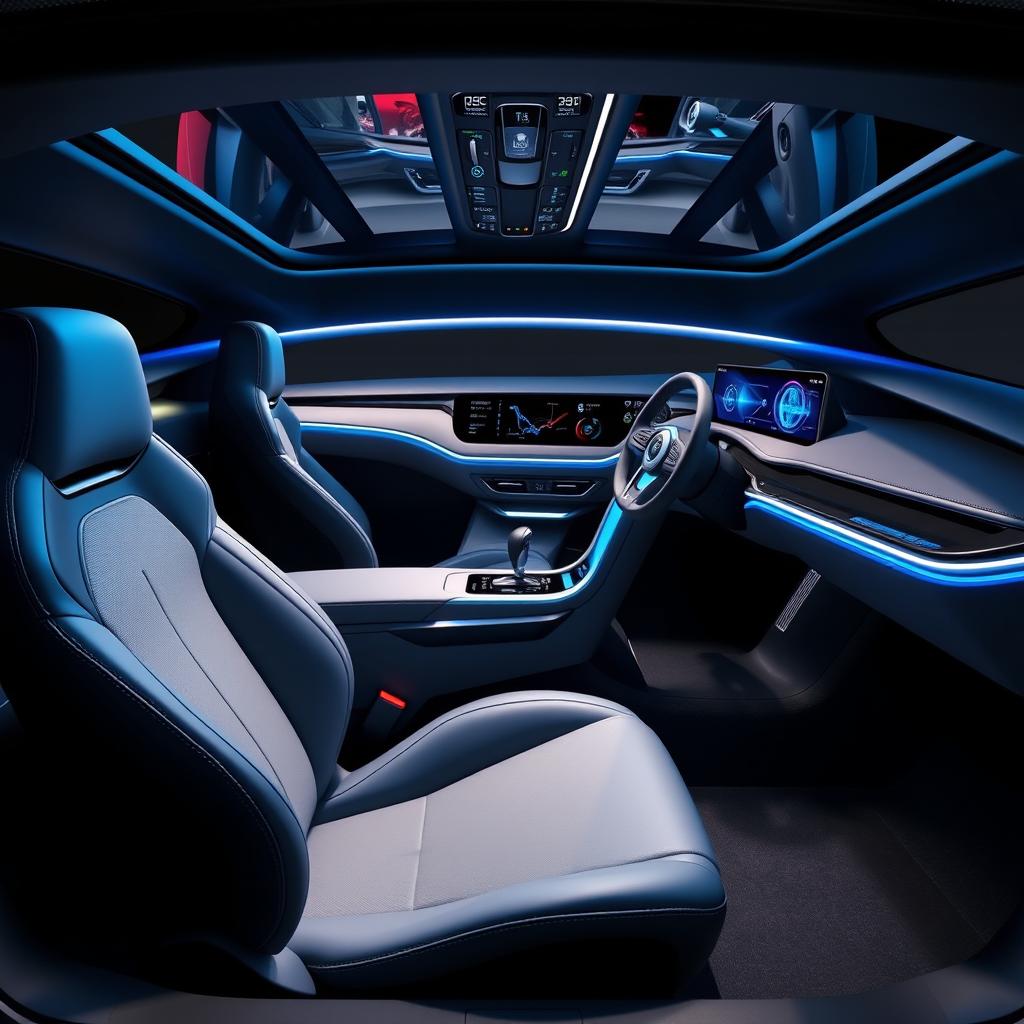 An advanced, modern-day SAAB concept car interior, featuring sleek lines and high-tech dashboard elements