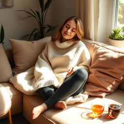 A woman sitting comfortably on a cozy couch, wrapped in a warm blanket, with a serene expression on her face