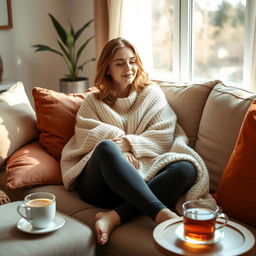 A woman sitting comfortably on a cozy couch, wrapped in a warm blanket, with a serene expression on her face