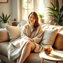 A woman sitting comfortably on a cozy couch, wrapped in a warm blanket, with a serene expression on her face