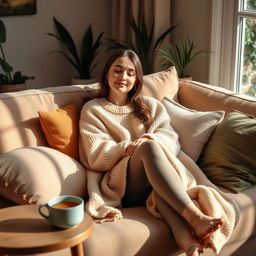 A woman sitting comfortably on a cozy couch, wrapped in a warm blanket, with a serene expression on her face