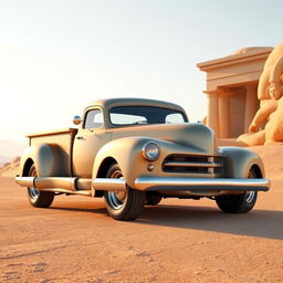 A retro pickup truck with smooth, flowing lines, designed in the style of Ancient Greece