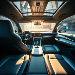 A striking interior of an advanced modern day SAAB concept car, featuring futuristic dashboard design with sleek interfaces, ambient lighting, and high-tech displays