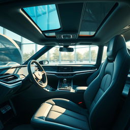 A striking interior of an advanced modern day SAAB concept car, featuring futuristic dashboard design with sleek interfaces, ambient lighting, and high-tech displays