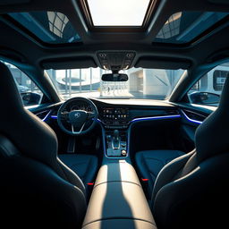 A striking interior of an advanced modern day SAAB concept car, featuring futuristic dashboard design with sleek interfaces, ambient lighting, and high-tech displays