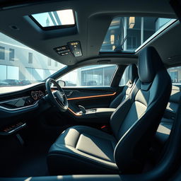 A striking interior of an advanced modern day SAAB concept car, featuring futuristic dashboard design with sleek interfaces, ambient lighting, and high-tech displays