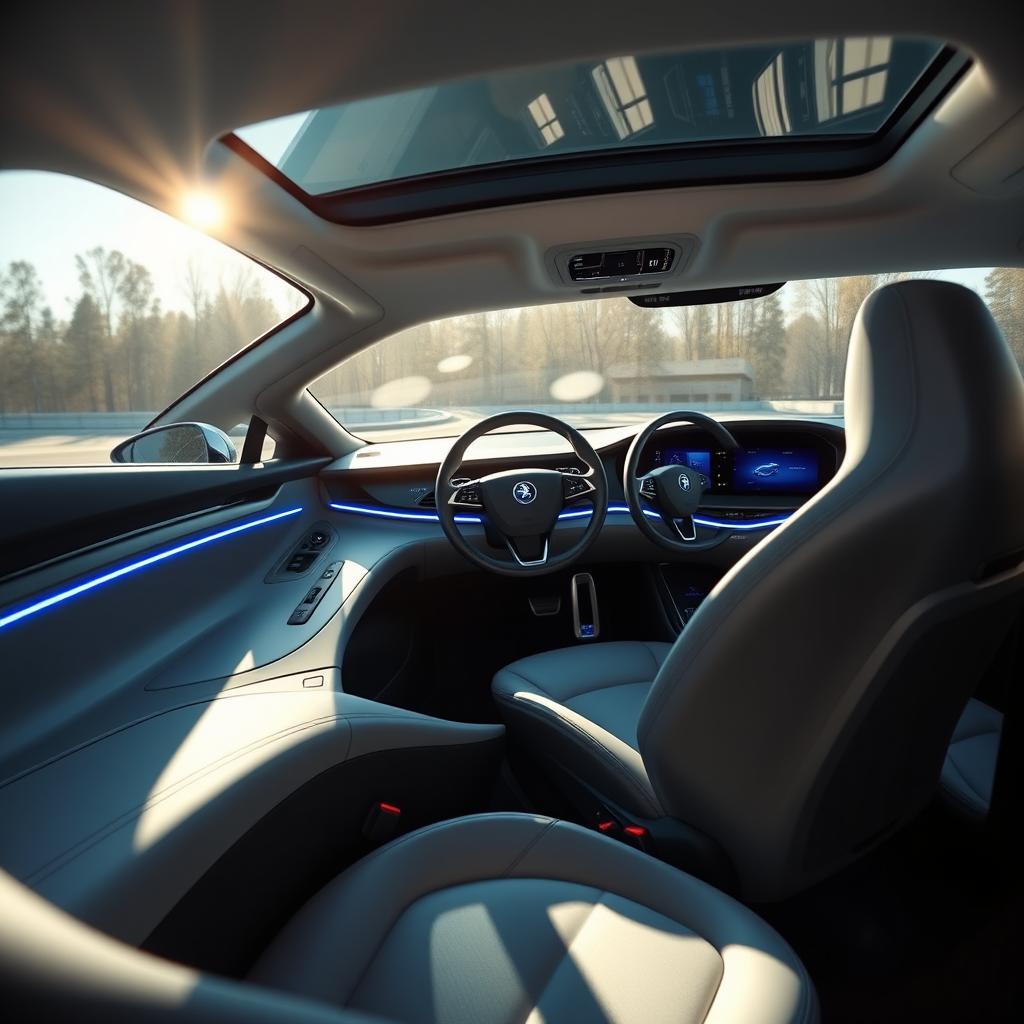 A sleek, advanced modern day SAAB concept car interior, featuring comfortable leather seating, high-tech dashboard with digital displays, ambient lighting, and futuristic design elements