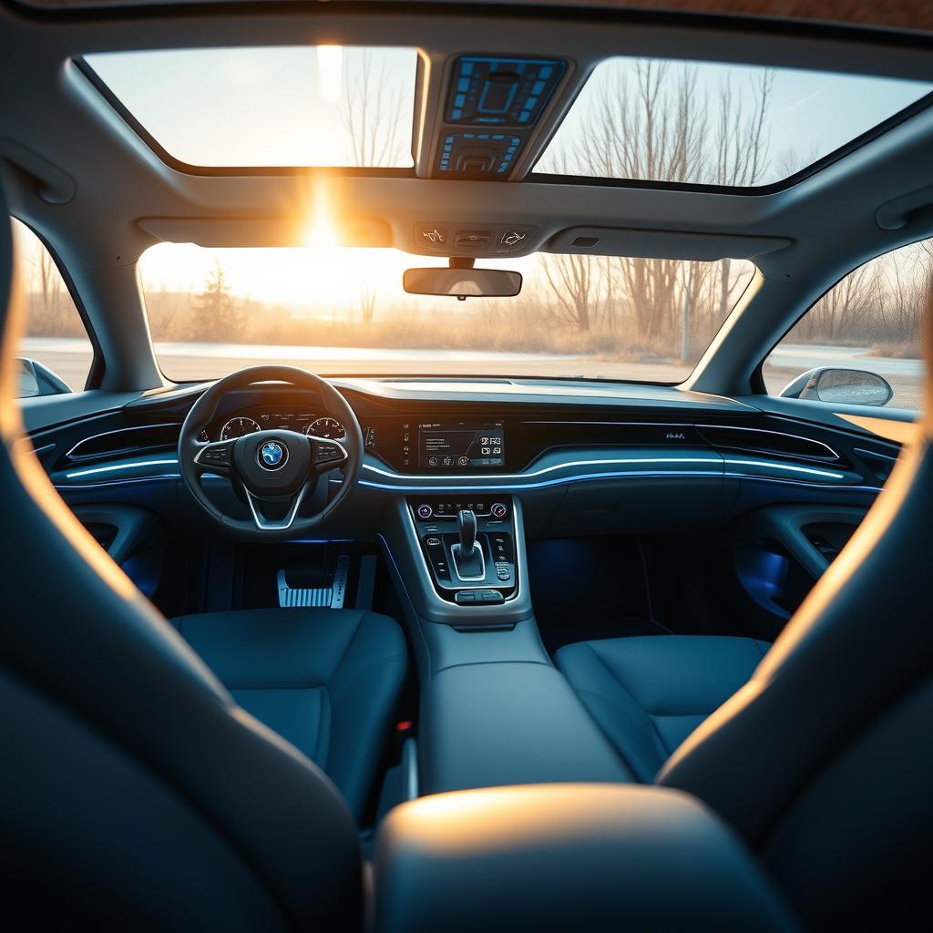 A sleek, advanced modern day SAAB concept car interior, featuring comfortable leather seating, high-tech dashboard with digital displays, ambient lighting, and futuristic design elements