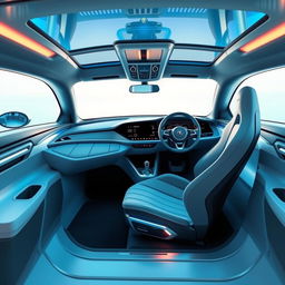 A futuristic and sleek interior design of a modern SAAB concept car, featuring a high-tech dashboard with digital displays and minimalist controls