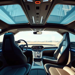 A futuristic and sleek interior design of a modern SAAB concept car, featuring a high-tech dashboard with digital displays and minimalist controls