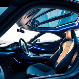 A futuristic and sleek interior design of a modern SAAB concept car, featuring a high-tech dashboard with digital displays and minimalist controls