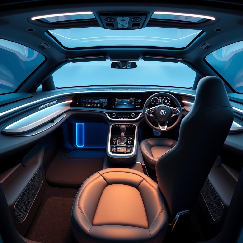 A futuristic and sleek interior design of a modern SAAB concept car, featuring a high-tech dashboard with digital displays and minimalist controls