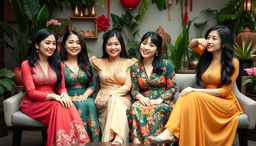 A vibrant scene featuring four Vietnamese women sitting together in a relaxed and casual setting