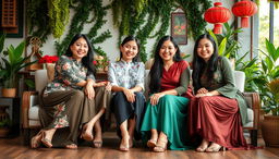 A vibrant scene featuring four Vietnamese women sitting together in a relaxed and casual setting