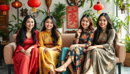 A vibrant scene featuring four Vietnamese women sitting together in a relaxed and casual setting