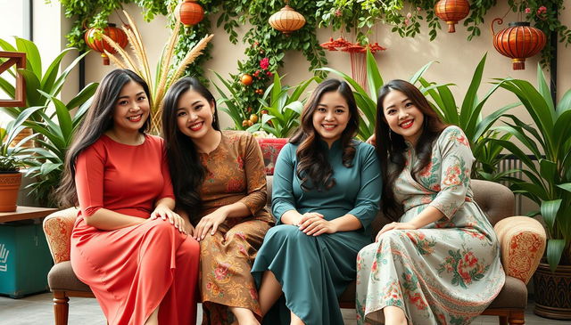 A vibrant scene featuring four Vietnamese women sitting together in a relaxed and casual setting