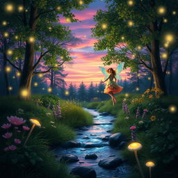 A serene and magical forest glade at twilight, illuminated by soft, glowing fireflies