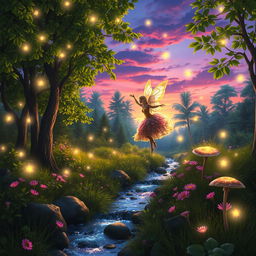 A serene and magical forest glade at twilight, illuminated by soft, glowing fireflies