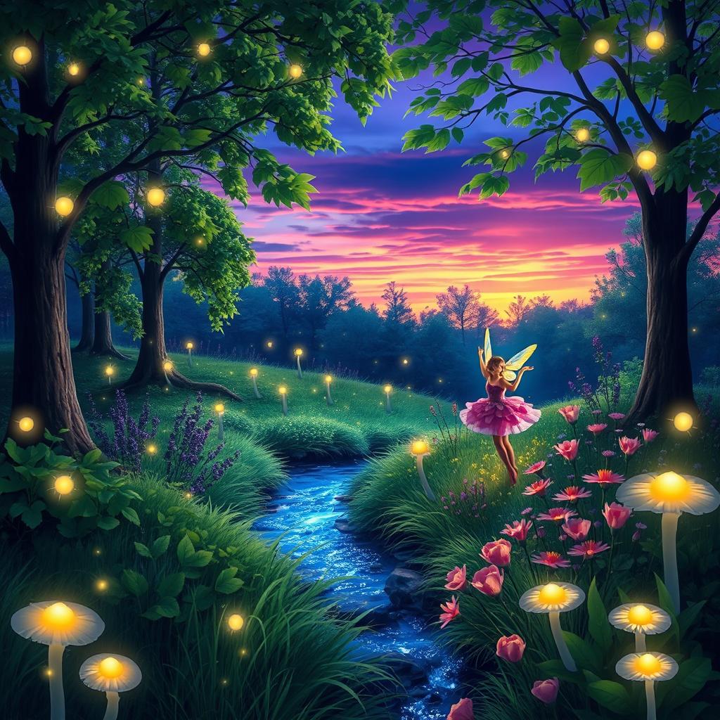 A serene and magical forest glade at twilight, illuminated by soft, glowing fireflies