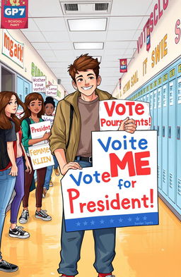 An illustration depicting a high school scene focused on a charismatic young man named Jordan Jennings standing confidently with a campaign poster that reads 'Vote for Me for President!' in bright colors