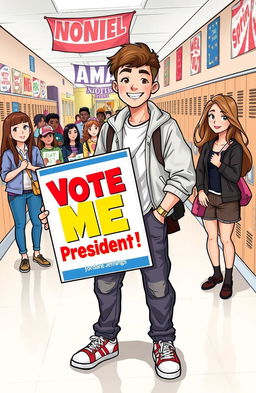 An illustration depicting a high school scene focused on a charismatic young man named Jordan Jennings standing confidently with a campaign poster that reads 'Vote for Me for President!' in bright colors