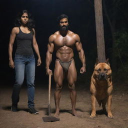 The fair-complexioned Indian girl, visibly scared, is now hiding behind the muscular Indian man with the sledgehammer, as their loyal Indian Pariah dog stays nearby in the dark eerie setting.