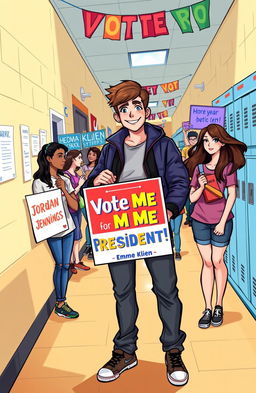 An illustration depicting a high school scene focused on a charismatic young man named Jordan Jennings standing confidently with a campaign poster that reads 'Vote for Me for President!' in bright colors