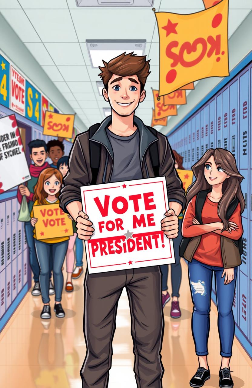 An illustration depicting a high school scene focused on a charismatic young man named Jordan Jennings standing confidently with a campaign poster that reads 'Vote for Me for President!' in bright colors