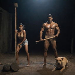 The fair-complexioned Indian girl, visibly scared, is now hiding behind the muscular Indian man with the sledgehammer, as their loyal Indian Pariah dog stays nearby in the dark eerie setting.