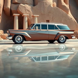 A large American retro crossover vehicle with sharp, defined lines and angles, inspired by the design principles of Ancient Greece