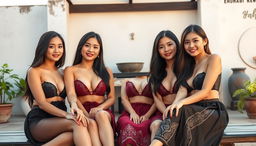 A striking scene featuring four Vietnamese girls sitting together in a relaxed outdoor setting