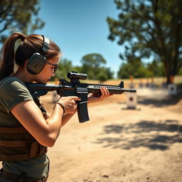 A captivating scene of a young adult woman in an outdoor shooting range, with a focused expression as she aims a sleek modern rifle