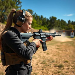 A captivating scene of a young adult woman in an outdoor shooting range, with a focused expression as she aims a sleek modern rifle