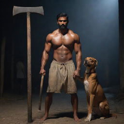 The fair-complexioned Indian girl, visibly scared, is now hiding behind the muscular Indian man with the sledgehammer, as their loyal Indian Pariah dog stays nearby in the dark eerie setting.